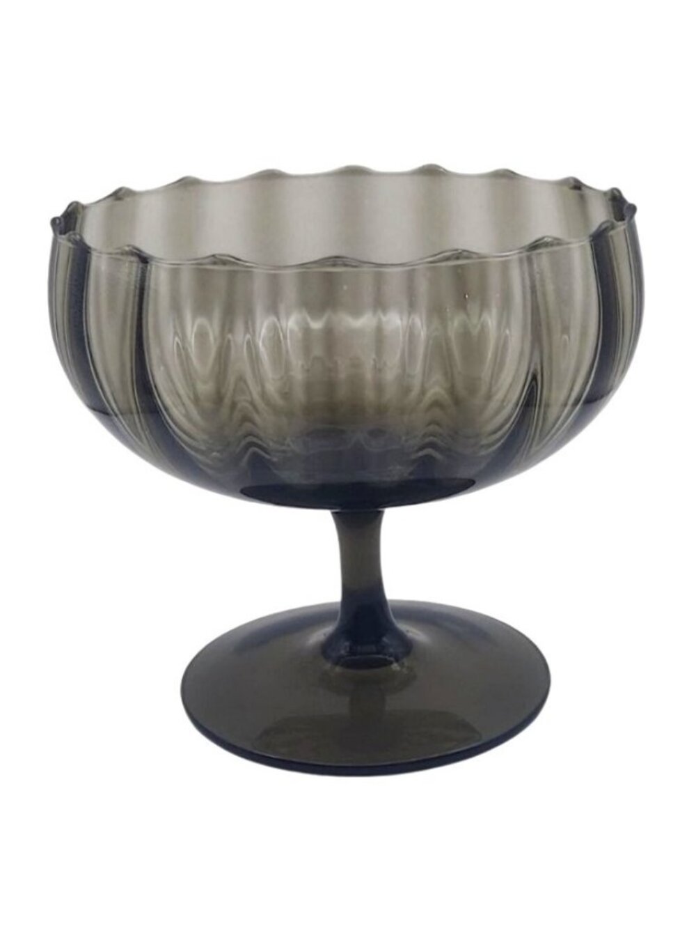 Glass Candy Dish Compote Pedestal Bowl Smoky Gray Scalloped Ribbed Vintage MCM